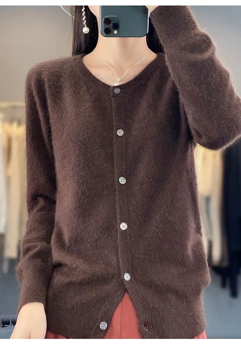 Women's Cardigan 100% Mink Cashmere Sweater,O-Neck Long Sleeve Top,Plus-Size Loose,Spring and Autumn Soft Knitted Jacket Female - AIAZ