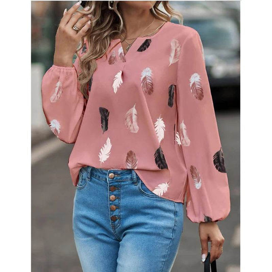 Fashion Woman Blouse Shirts For Women Stylish Top long Sleeve Feather Pattern Female Tops Elegant Chiffon Mujer Woman Clothes - AIAZ