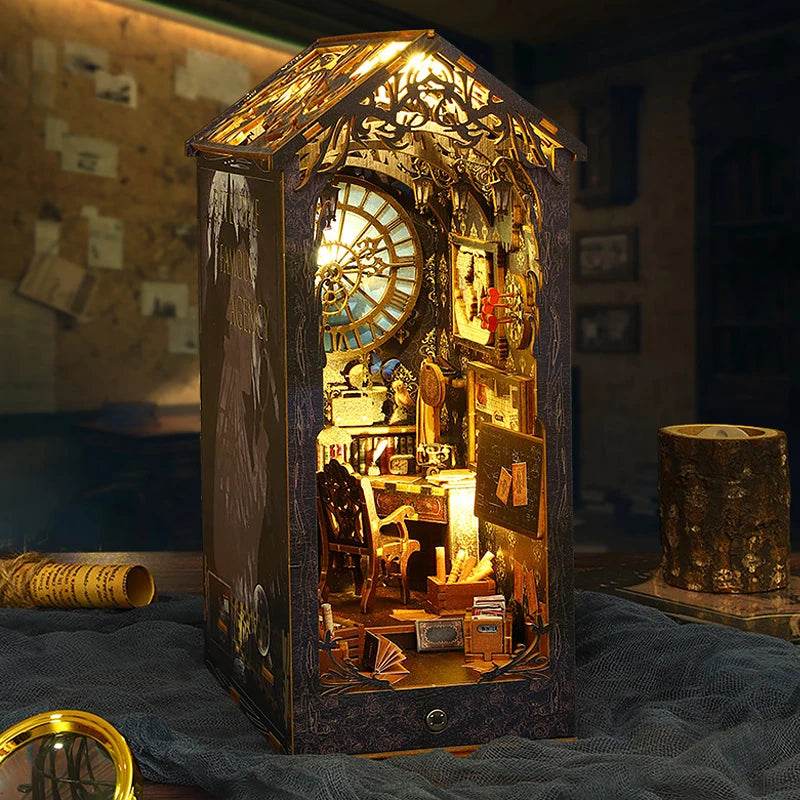 DIY Book Nook Shelf Insert Kit 3D Wooden Puzzle Doll House Assembly Building Model Bookends With Furniture LED Light Xmas Gifts - AIAZ