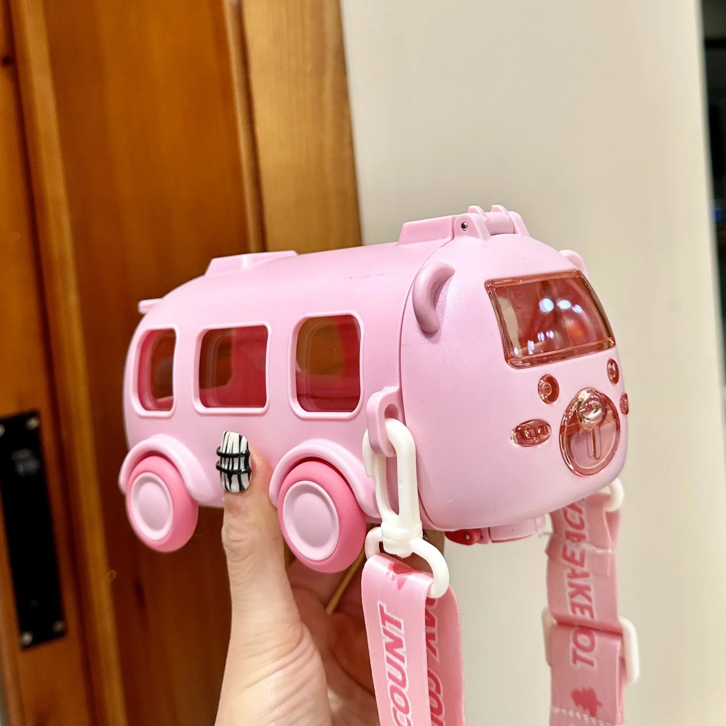Baby Cute Panda Bus Portable Water Bottle with Shoulder Strap Kid Car Straw Water Cup Children's Water Bottle Drinking Cup