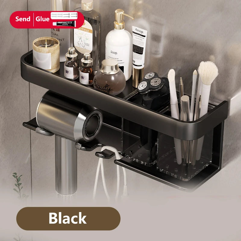 Hair Dryer Holder No punching Wall Mounted Bathroom Shelf Makeup Storage Organizer With Storage Box Aluminum Hair Dryer Rack