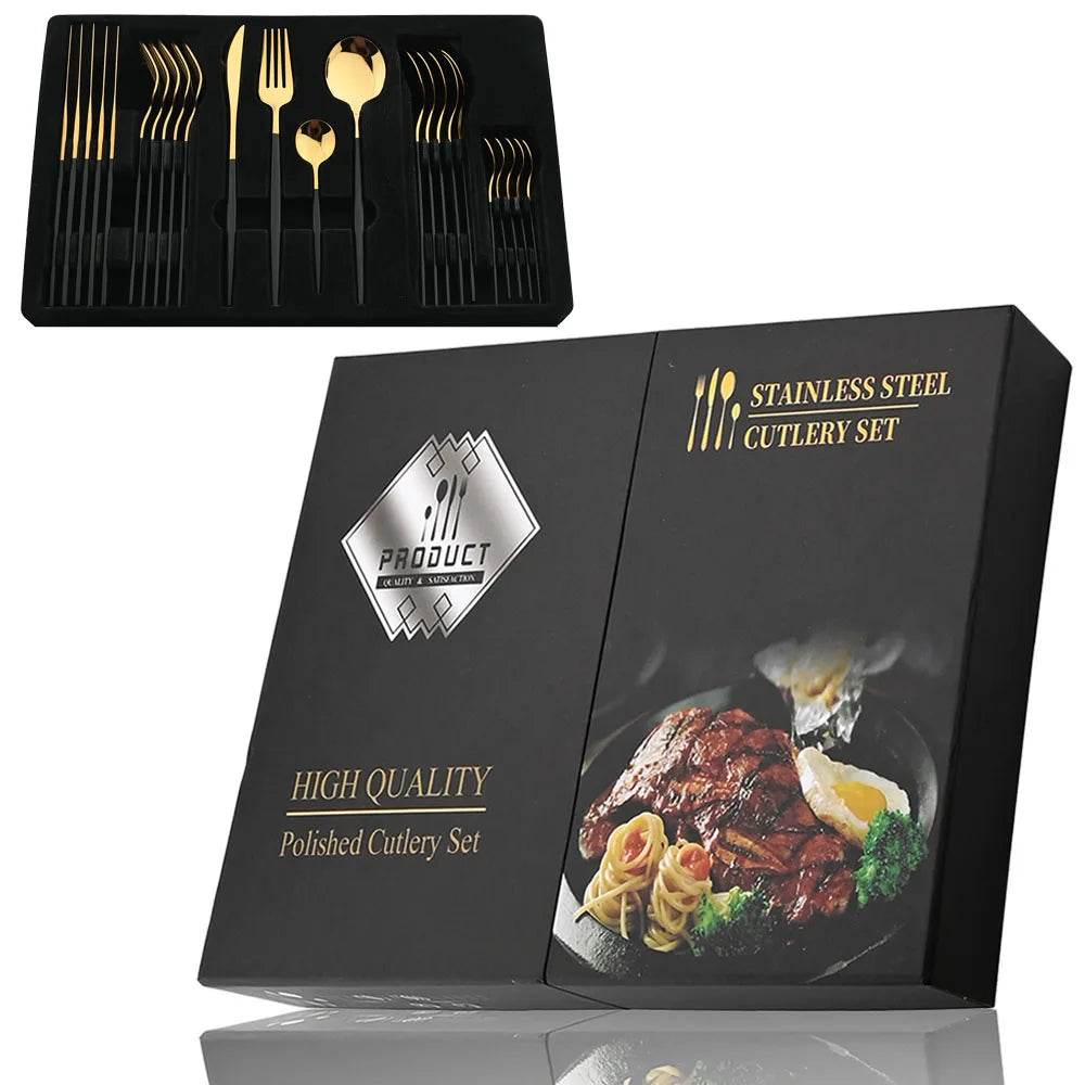 24Pcs Black Handle Golden Cutlery Set Stainless Steel Knife Fork Spoon Tableware Flatware Set Festival Kitchen Dinnerware Gift - AIAZ