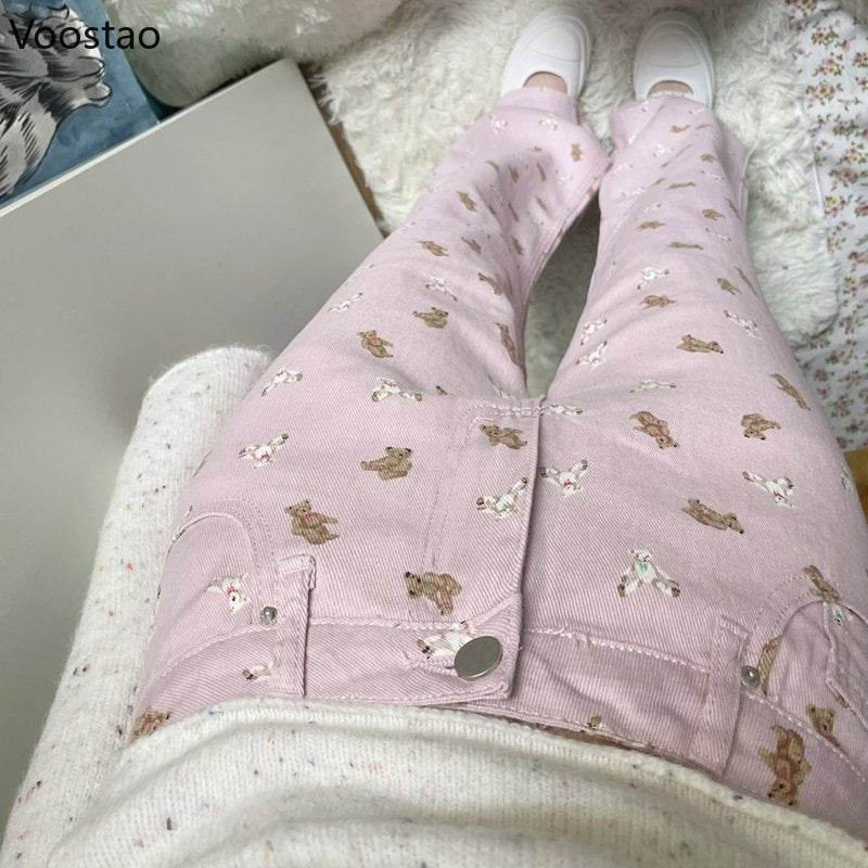 Pink Jeans Women Sweet Cute Cartoon Bear Print High Waist Wide Leg Pants Vintage Girls Casual Y2k Aesthetic Loose Denim Trousers - AIAZ