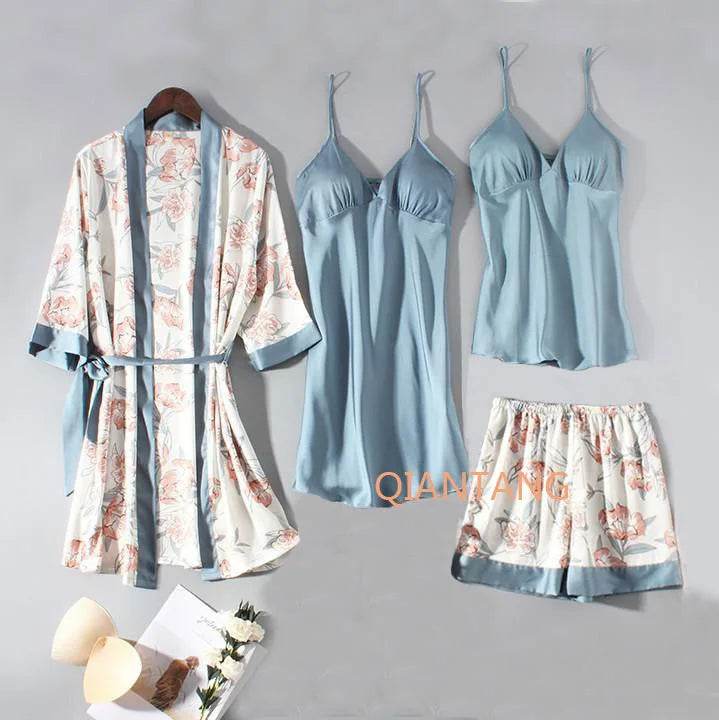 Pajamas Set Women Sleepwear Casual Satin Robe Suit Nightwear Lounge Wear V-neck Soft Pyjamas Kimono Bathrobe Gown Lingerie - AIAZ