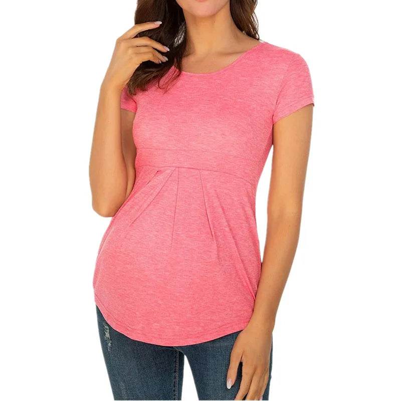 Summer Maternity Tops Women Pregnancy Short Sleeve T-Shirts Casual Tees for Pregnant Elegant Ladies Folds T-Shirt Women Clothes - AIAZ