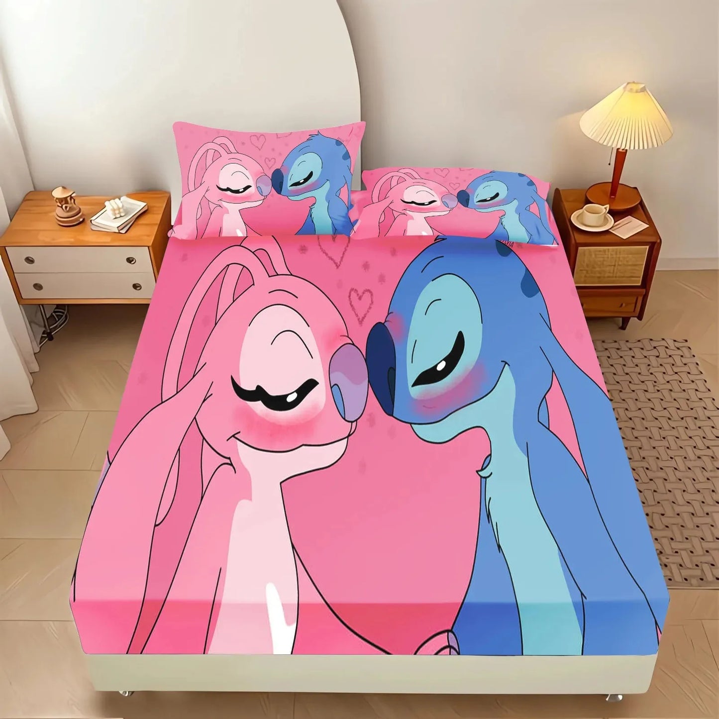 Stitch Bedding Set Fitted Sheet 3pcs,Cartoon Printed With Pillowcase,Suitable For Children And Adults 3D Bedding