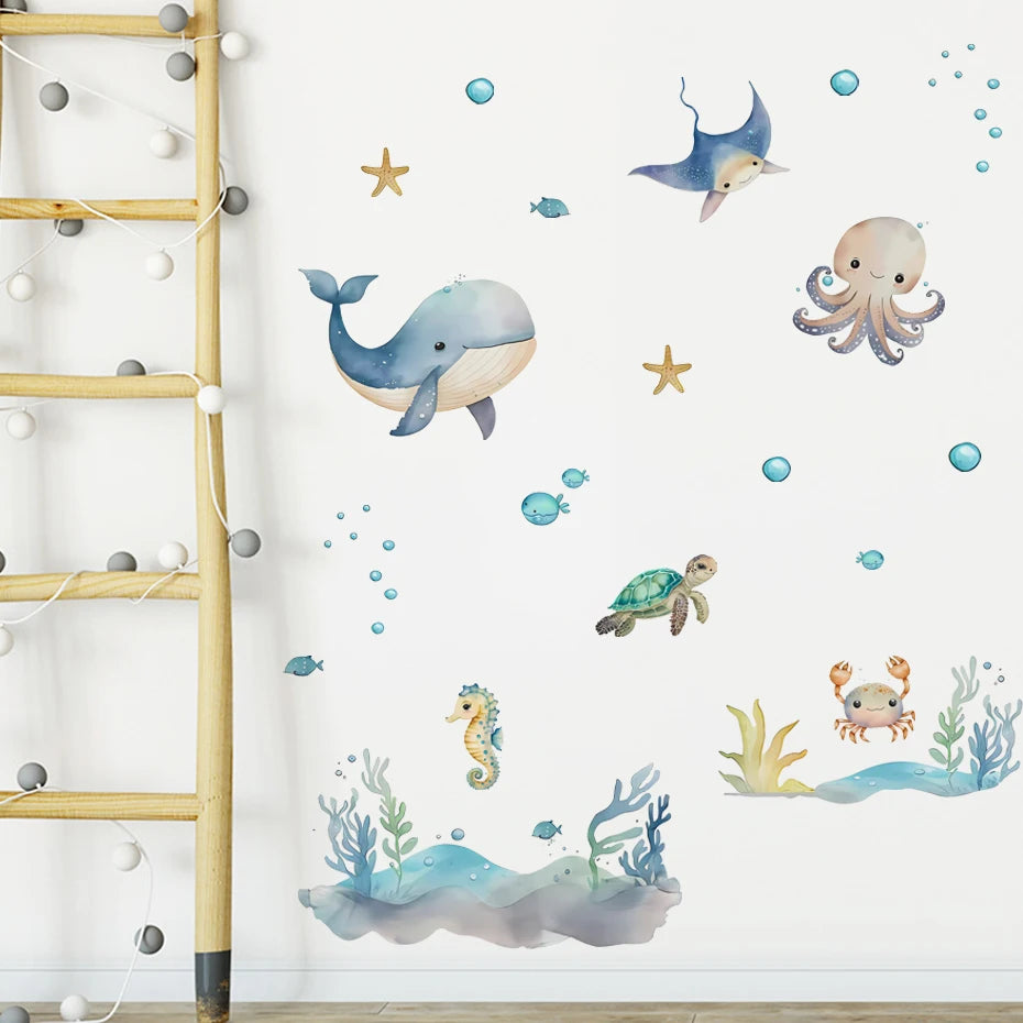 Watercolor Cartoon Ocean Fish Animal Wall Sticker Living Room Bedroom Sea Life Beach Landscape Wall Decal Home Decor
