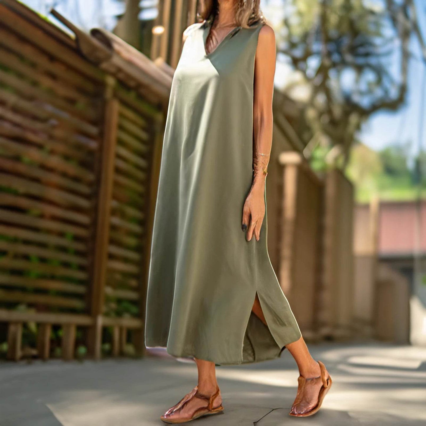 Dresses Woman Party Night V Neck Solid Color Tank Dress Cotton Linen Casual Loose Sundress Plain Long Dresses Vestidos Largos - AIAZ