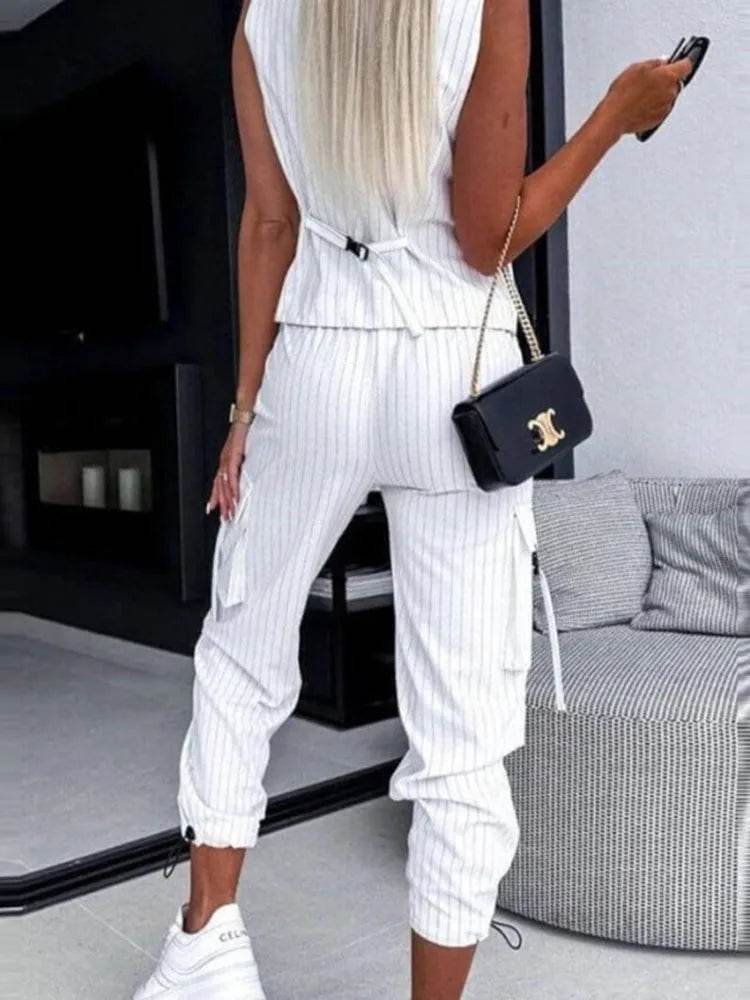 White Striped Vest Suit For Women Summer Casual V-neck Button Top Pocket Loose Pants Outfits Two-piece Suit For Women Elegant - AIAZ