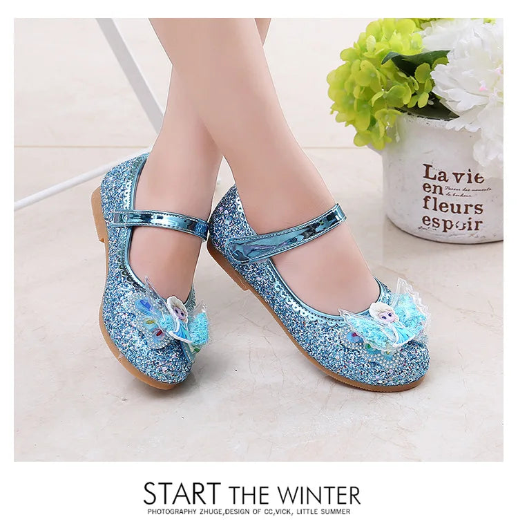 Disney Elsa Frozen Girls Princess Shoes Spring and Autumn Flat Paillette Shoes Children's Soft Sole Baby Casual Shoe Party Shoes