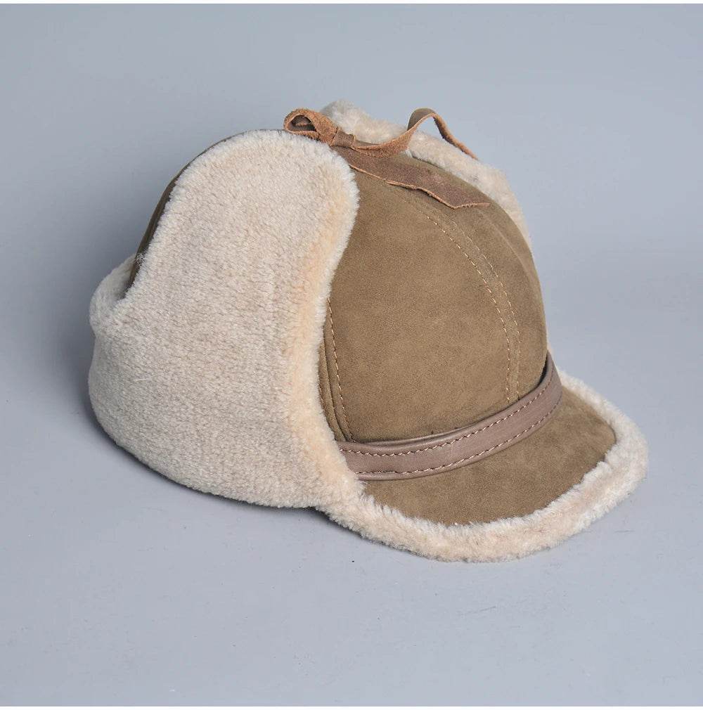 High Quality 2025 Winter Leather Hat Men Fur Lamb Wool Warm Thick Earflaps Bomber Hats Men's Baseball Cap Russian Hat - AIAZ