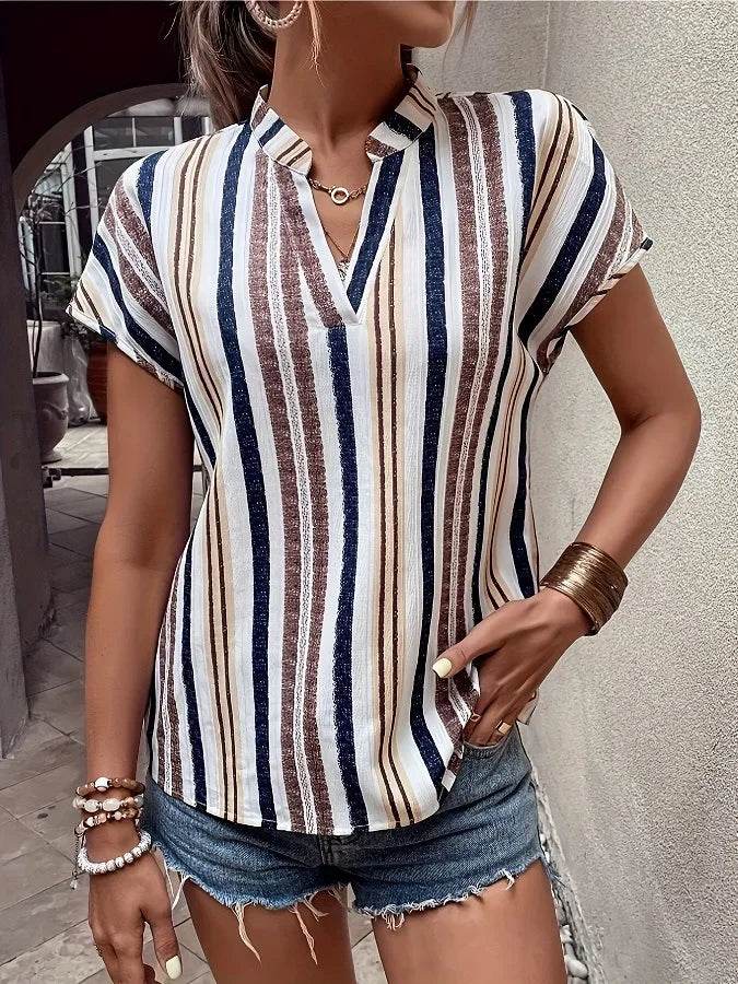 Women's Tops Blouses New 2025 Summer Casual Fashion Striped Print V-neck Short Sleeve Shirt Elegant Women Shirts Tops Streetwear - AIAZ