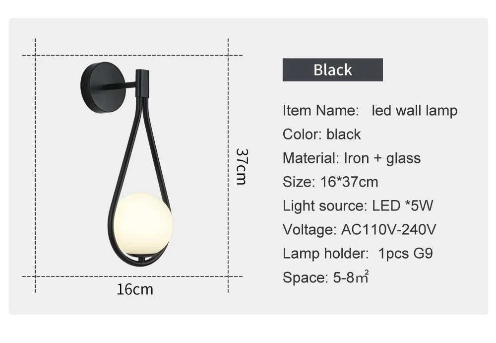 Modern LED Wall Lamps Metal Living Room Lamp Fashion Nordic Bedside Glass Wall Lamp Bedroom Decoration Lighting