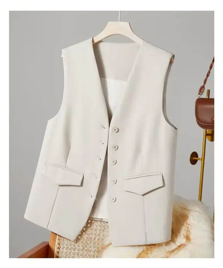 Women Suit Vest Elegant Women's V Neck Business Vest Sleeveless Waistcoat for Office Commute Style Solid Color Single-breasted - AIAZ