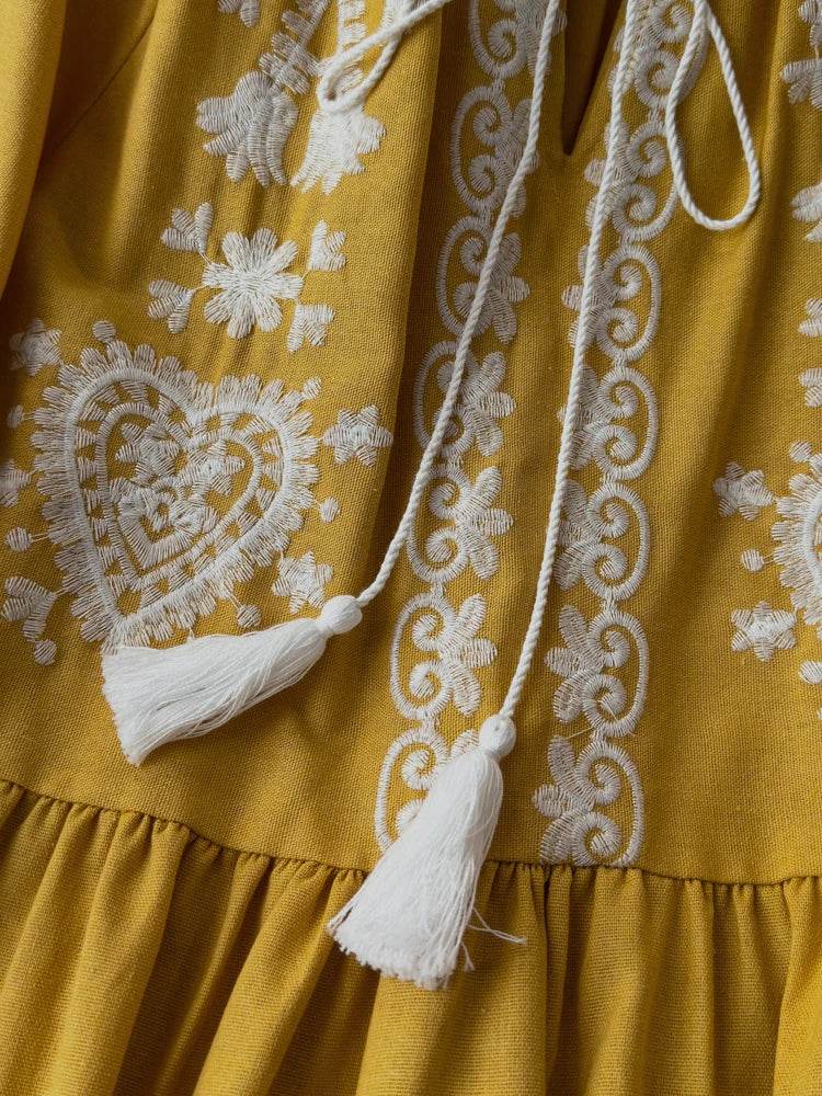 Women's Spring Summer Dress Bohemian Retro Ethnic Style Diamond Cotton Linen Blend Embroidered Lantern Sleeves Mini Dress A20 - AIAZ