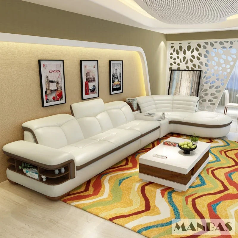 Luxury L-Shaped Genuine Leather Sectional Sofa Sets with USB, Bluetooth Speaker - Linlamlim Living Room Italian Leather Couches