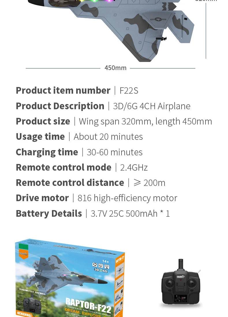 2024 New F22S 2.4G 4CH 3D6G RC Airplane Raptor F22 Warplane WLtoys A180 Upgrade Version LED Light With Gyroscope Out Door Toys - AIAZ