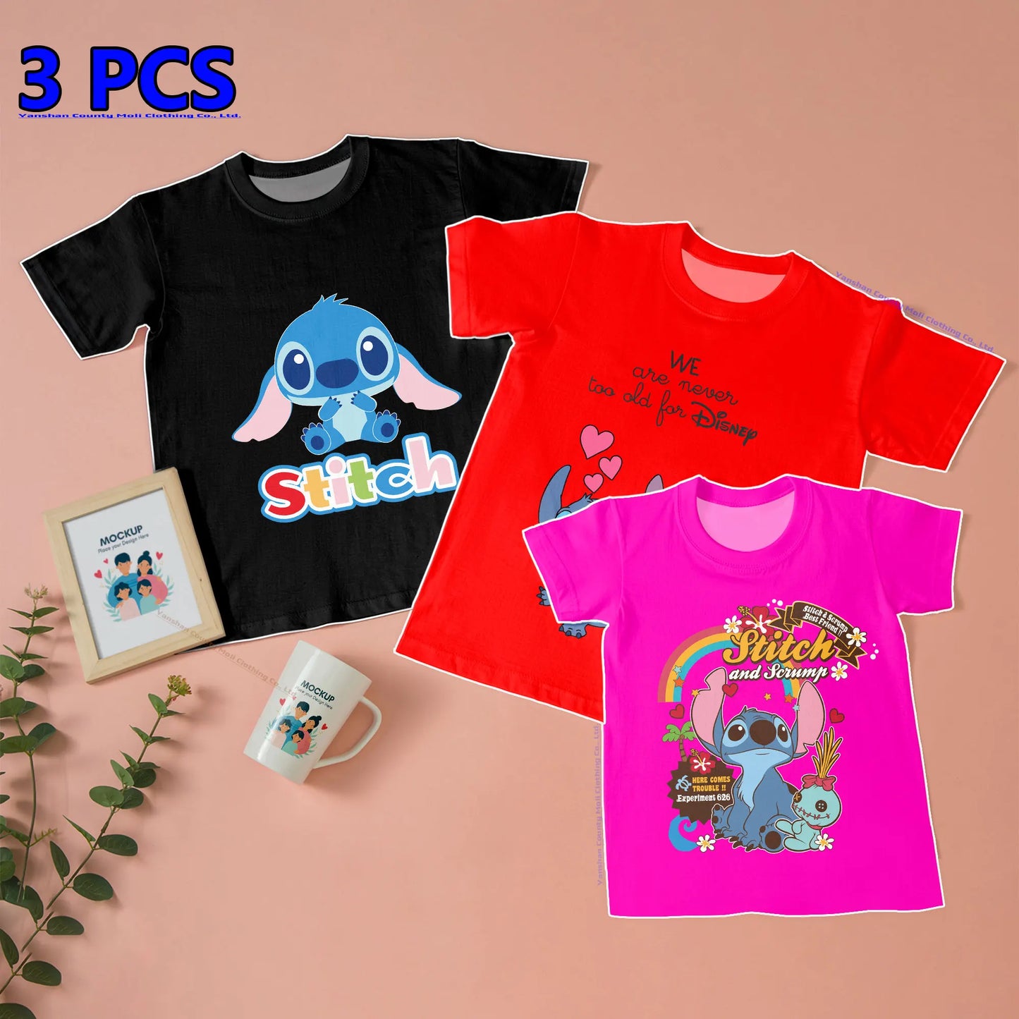 3 Pcs Clothes Disney Stitch Kids' Kawaii T Shirts Boys' T-Shirt Graphic Tee Children Casual Tees Girls Loose Short Sleeve Tops