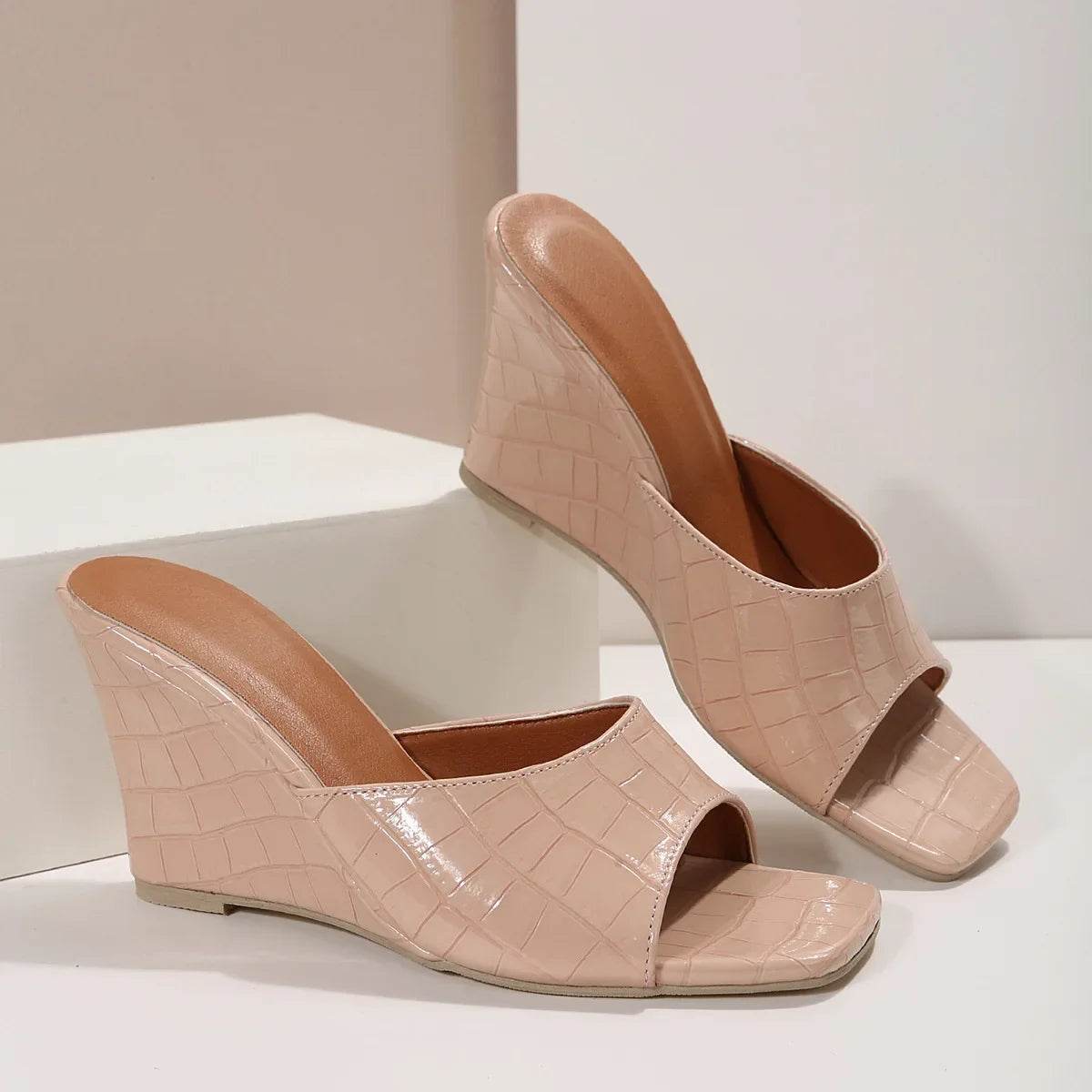 Snake Print Leather Wedges Shoes For Women Mules Slippers Summer Square Toe High Heels Gladiator Sandals Slides 2023 - AIAZ