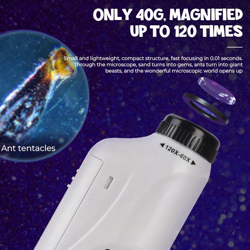 Pocket Microscope Kids Science Toy Kit 60-120x Educational Mini Handheld Microscope with LED Light Outdoor Children Stem Toy - AIAZ