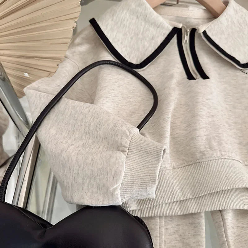 3-7Y Girls Spring Hoodies Set Korean Children's Spring and Autumn Fashionable Baby Doll Collar Hoodie Pants Casual Two Piece Set