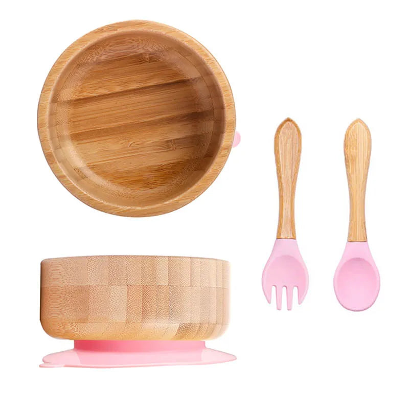 Baby Feeding Bowl Food Tableware Kids Wooden Training Plate Silicone Suction Cup Removable Wooden Fork Spoon Children's Dishes