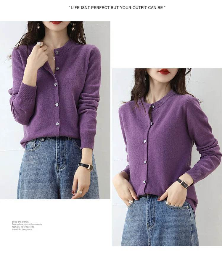 Knitted Cardigan Women's Sweater Autumn And Winter 2022 New Solid Color Coat Round Neck Short Long Sleeve Loose Korean Fashion - AIAZ