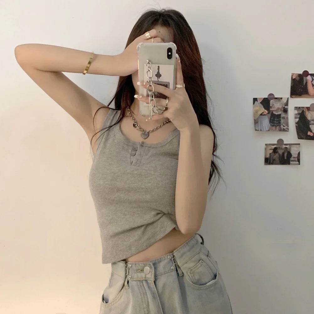 Tank Top for Women Ribbed Button Down Sleeveless Blouse Solid Color Casual Women's Teens Trendy Basic Summer Dresses - AIAZ