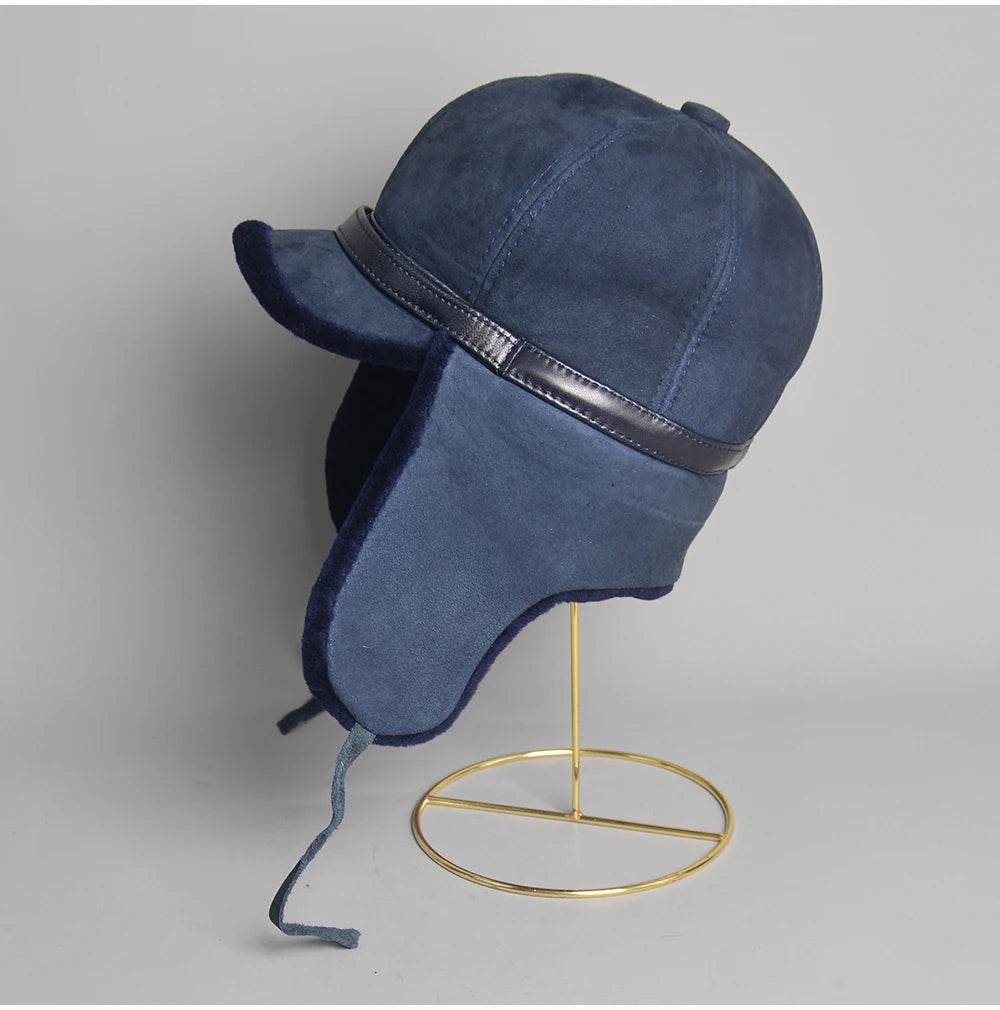 High Quality 2025 Winter Leather Hat Men Fur Lamb Wool Warm Thick Earflaps Bomber Hats Men's Baseball Cap Russian Hat - AIAZ