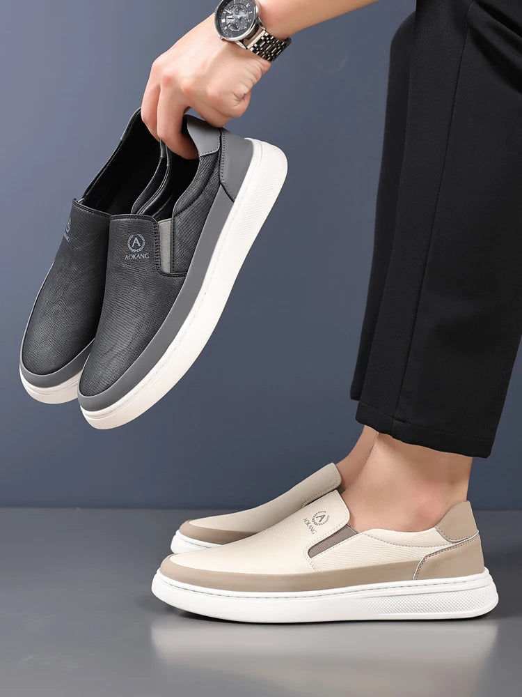 Aokang Men's Slip-On Casual oes Breathable Soft Bot Bean Leather oes Comfortable Rubber Sole Low Heel round Toe