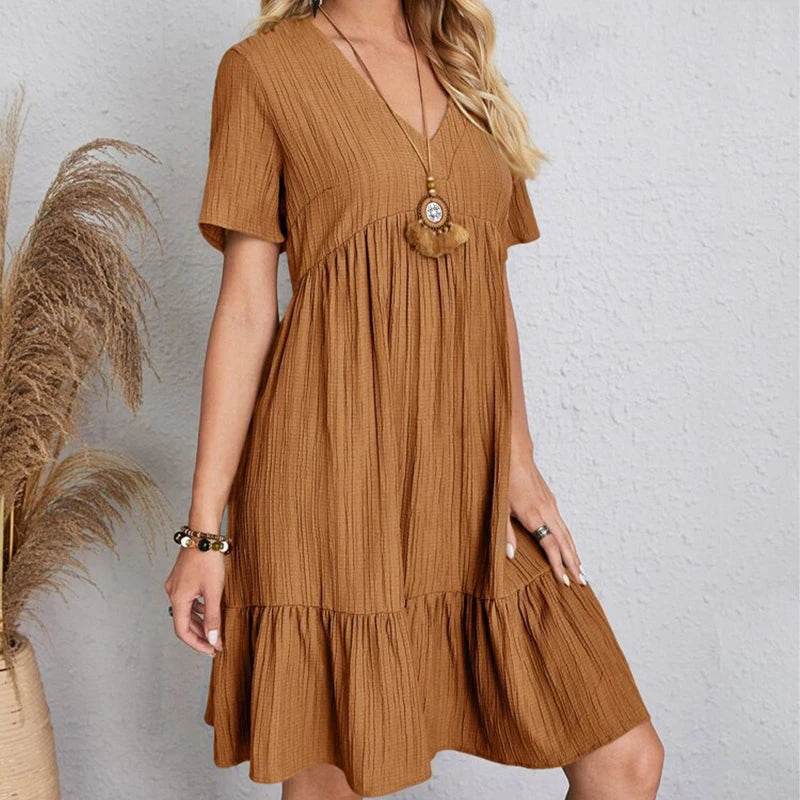 Women Mini Dress Summer Casual Solid V Neck Ruffles A-line Dress Female Fashion Holiday Boho Loose Beach Elegant Dresses Vestido - AIAZ