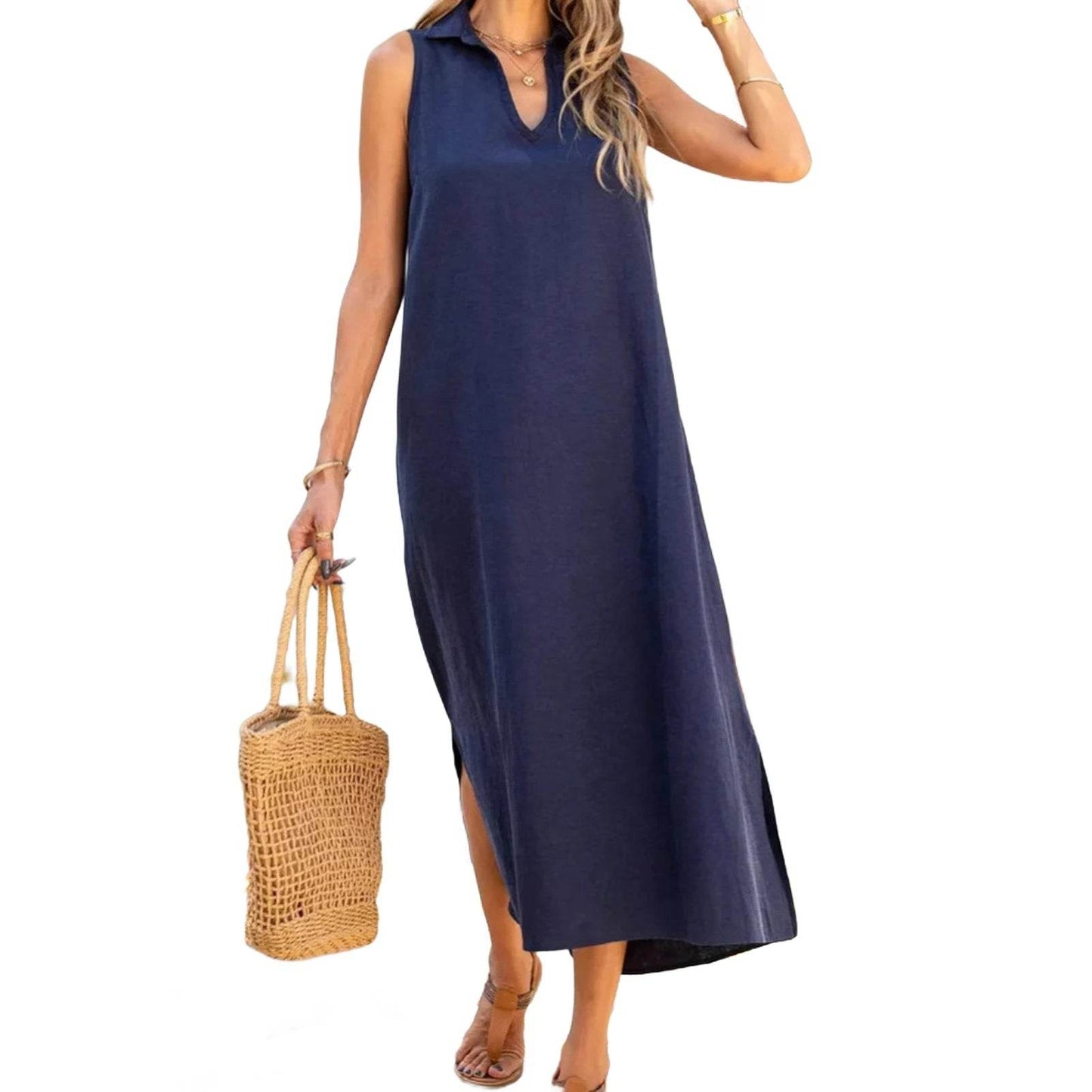 Dresses Woman Party Night V Neck Solid Color Tank Dress Cotton Linen Casual Loose Sundress Plain Long Dresses Vestidos Largos - AIAZ