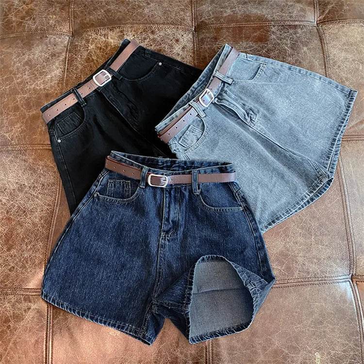 Denim shorts women's summer new trendy Instagram high waist simple slimming loose wide leg versatile A-line hot pants - AIAZ