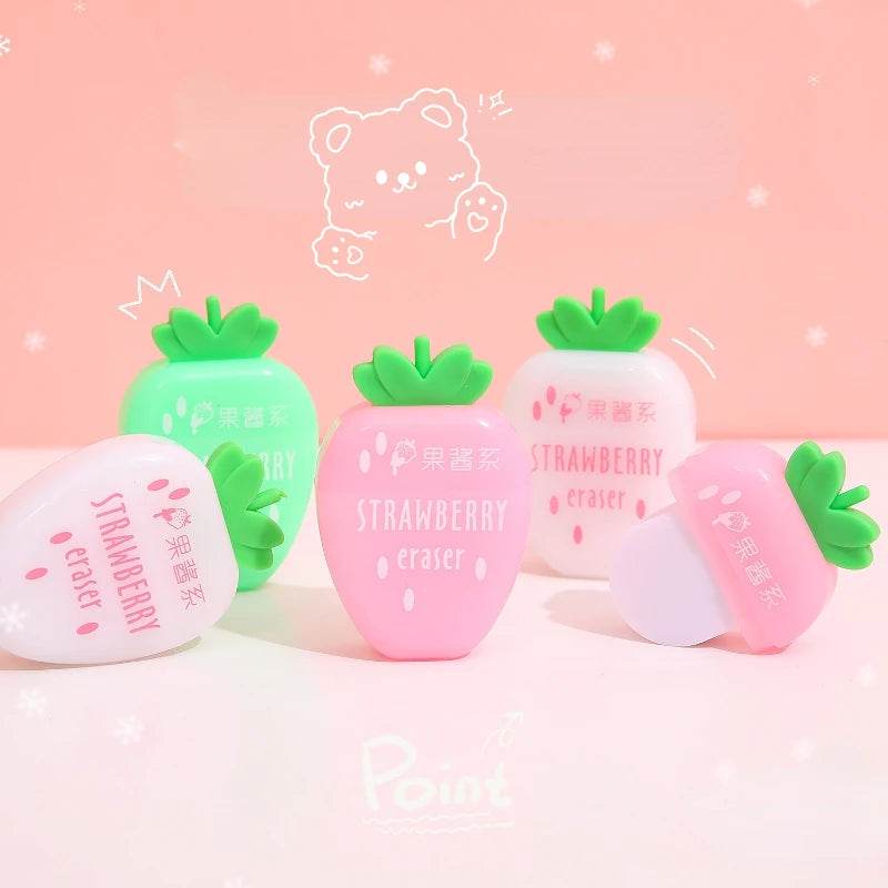 3 pcs/lot Sweet Strawberry Rubber Eraser School Supplies Stationery Kids Students Cool Prizes Cute Erasers - AIAZ