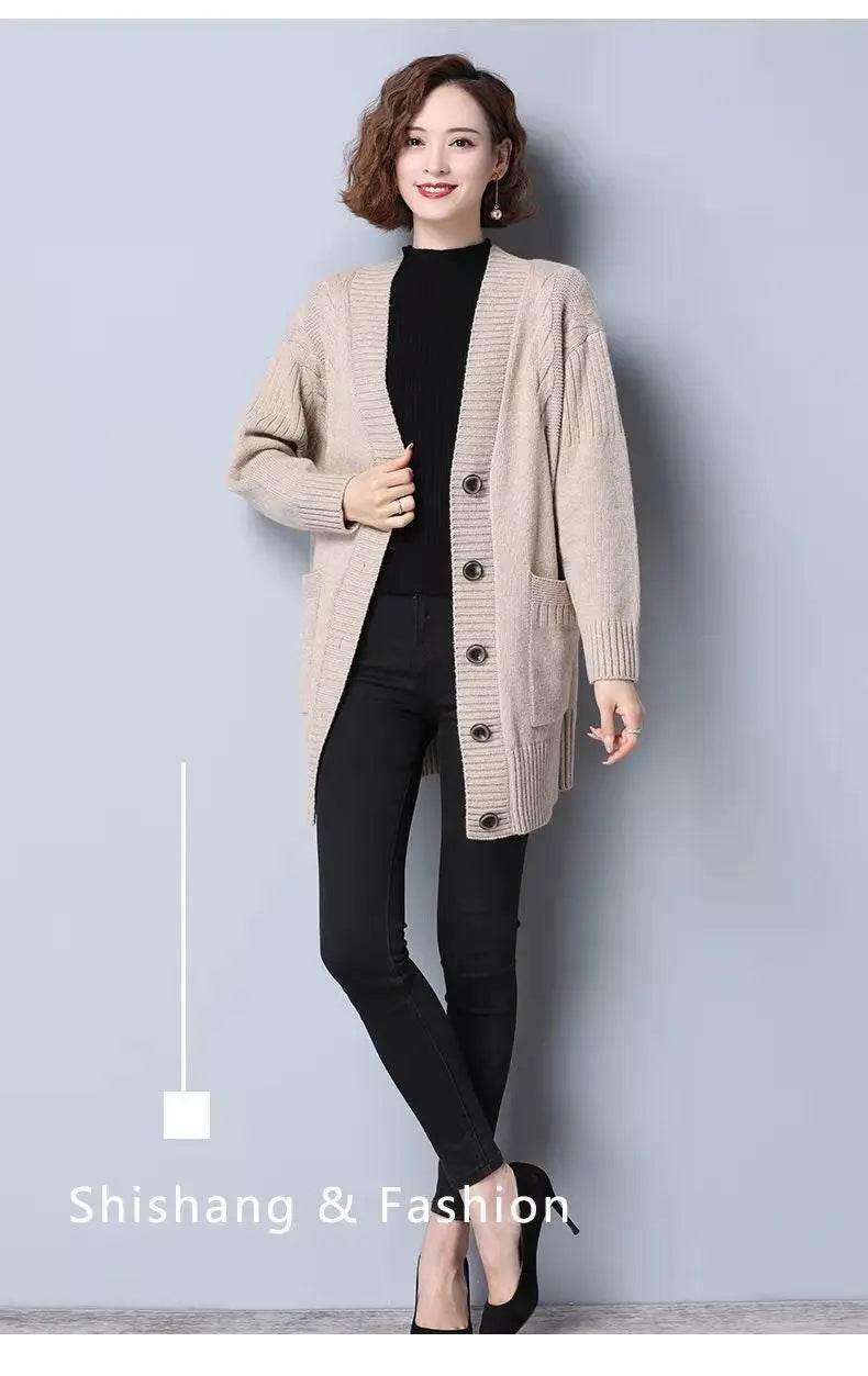 Knitted cardigan women's mid length westernized top autumn and winter new Korean version loose sweater age reducing jacket women - AIAZ