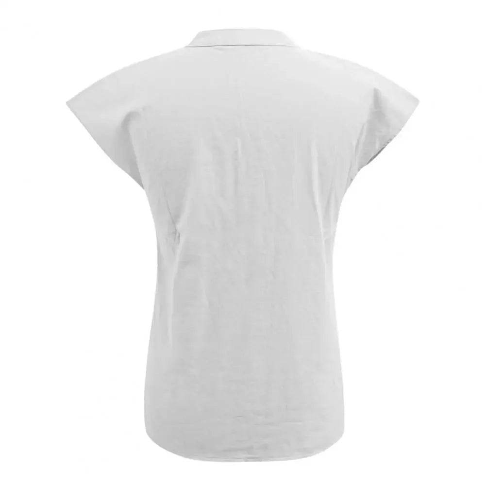 Women T-shirt Cotton Linen Summer Blouse Solid Color Simple Short Sleeve V Neck Quick Dry Daily Clothes Ropa Mujer Blusas - AIAZ