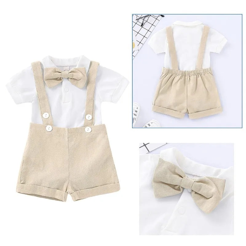 0-24 Months Newborn Baby Boy Gentlemen Clothes Set Bowtie Short Sleeve Cotton Romper+Suspender Pant Toddler Summer 2PCS Outfits