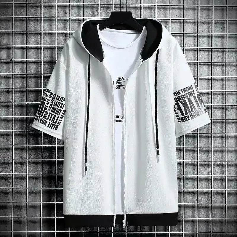 Fashion Men's Hoodies Summer Men Clothing T-shirt Zipper Hood Cartoon Casual T Shirt Print Hooded Top Short Sleeve Men - AIAZ