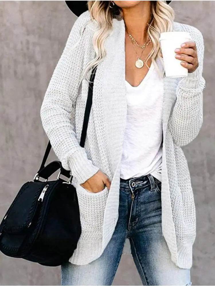 Fashion cardigan autumn and winter knit sweater women's new curved front loose casual women's wear - AIAZ