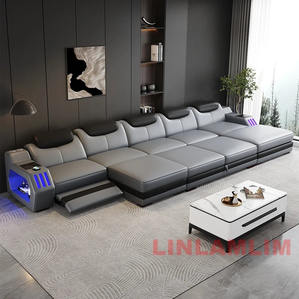 Modern L-Shaped Sectional Sofa Bed with Adjustable Headrests & LED Lights, Genuine Leather Recliner Couch with Storage & USB