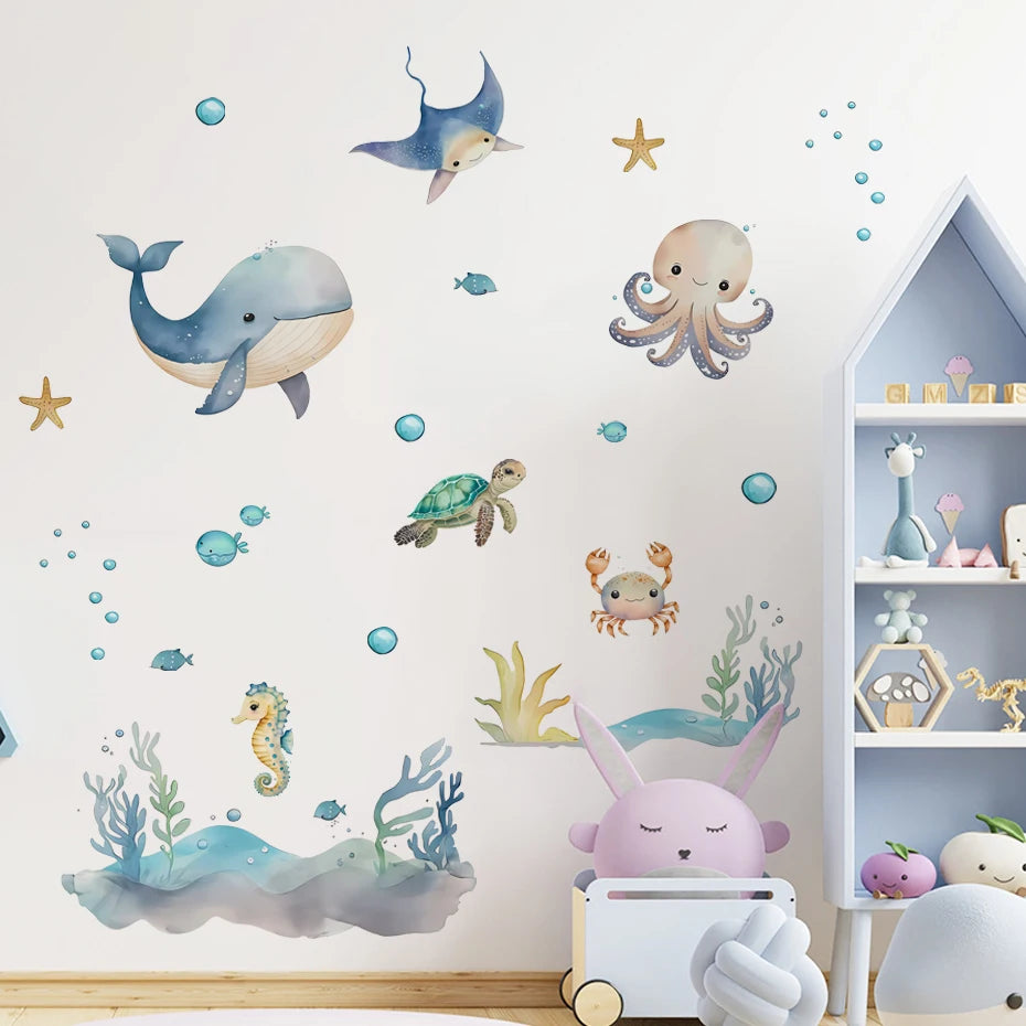 Watercolor Cartoon Ocean Fish Animal Wall Sticker Living Room Bedroom Sea Life Beach Landscape Wall Decal Home Decor