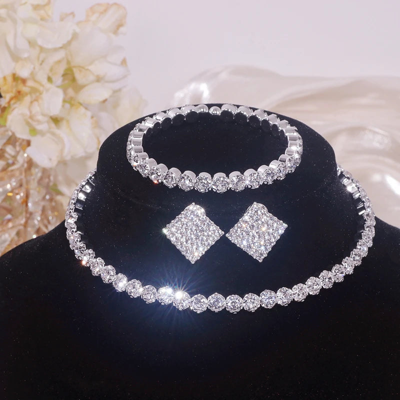 Classic Rhinestone Crystal Choker Necklace Earrings and Bracelet Set for Women Silver Color Bridal Wedding Party Jewelry Sets