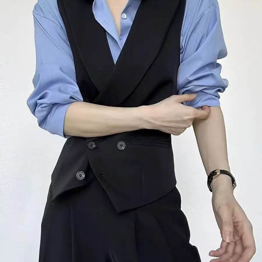 Black suit vest, cool stylish, unisex, high-end, gun collar, slim fit vest for women tank top ropa de hombre sleeveless top - AIAZ