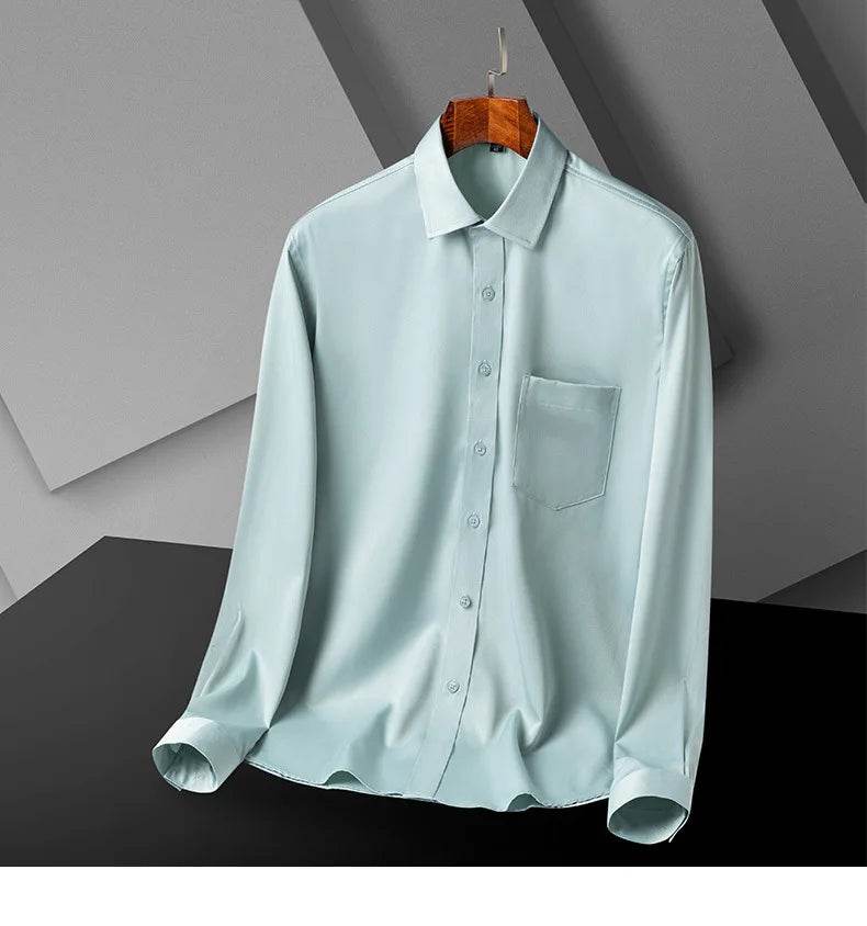 Classic Shirts For Men Long Sleeve Business Causal Stretch Soft Solid Formal Anti-wrinkle Non-iron Navy Party Wedding Blouse 5XL - AIAZ