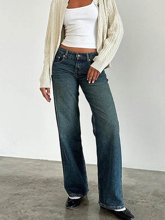 Women Vintage Aesthetic Y2k Low Rise Baggy Jeans Loose Fit Boyfriend Straight Wide Leg Jeans Trendy Stretch Long Denim Pants - AIAZ