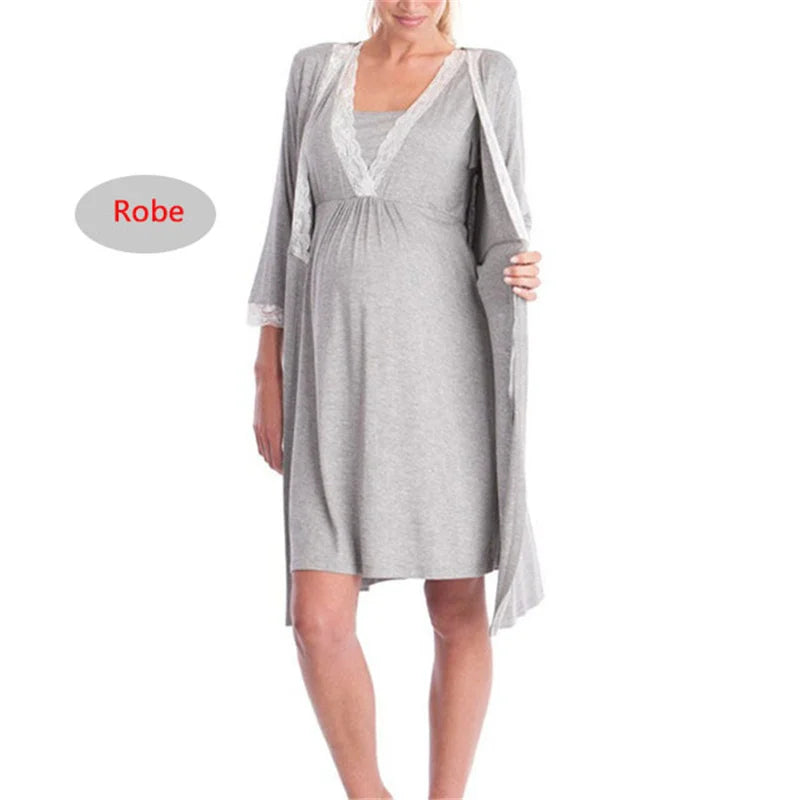 Maternity Robe Nightgown Pregnant Women Nursing Nightwear Lace Sleepwear With Adjustable Belt Pajama Dress Pregnancy Clothes