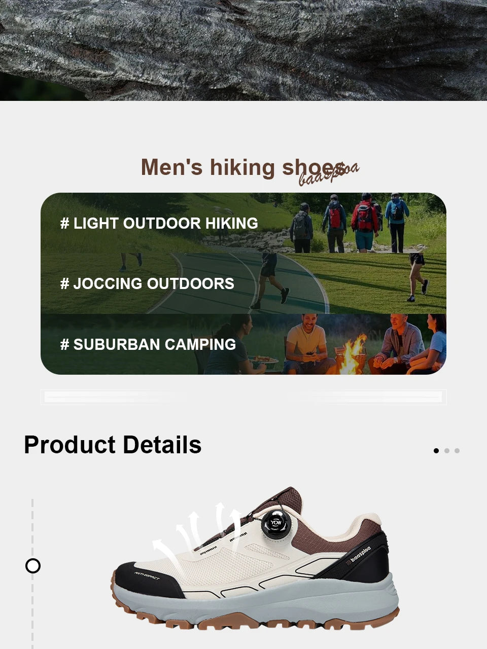 Baasploa Men Hiking Shoes Outdoor Climbing Mesh Breathable Travel Walking Shoes Male Non-Slip Wear Resistant Comfortable Sneaker