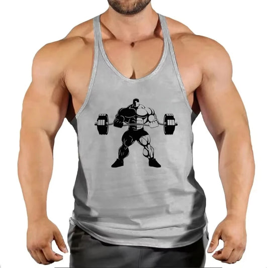 2025 - Men's Cotton Y-Back Vest "Lift Heavy Repeat" Graphic - Breathable Sleeveless for Gym Bodybuilding & Fitness