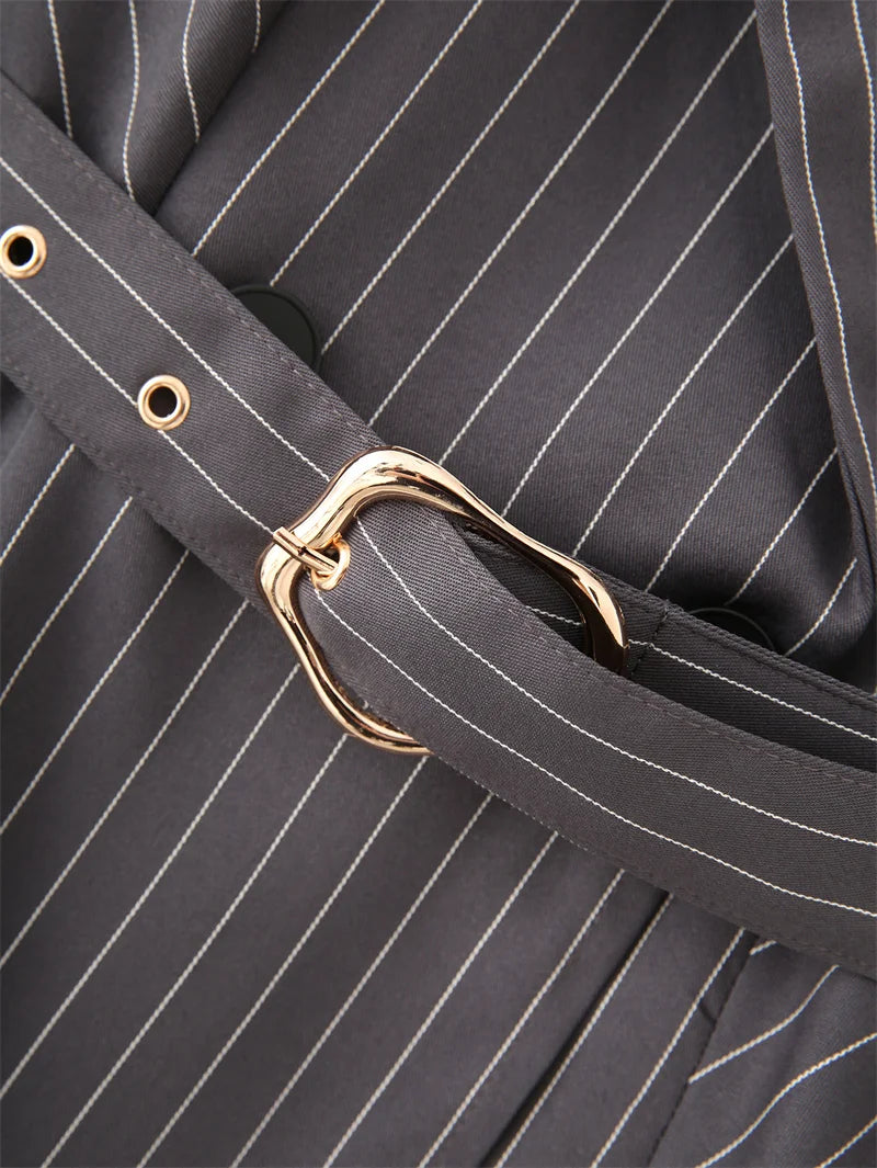 KEYANKETIAN Spring/Autumn New Women's Irregular Design Gray Striped Suit Outerwear Office Lady With Belt Slim Mid-length Coat