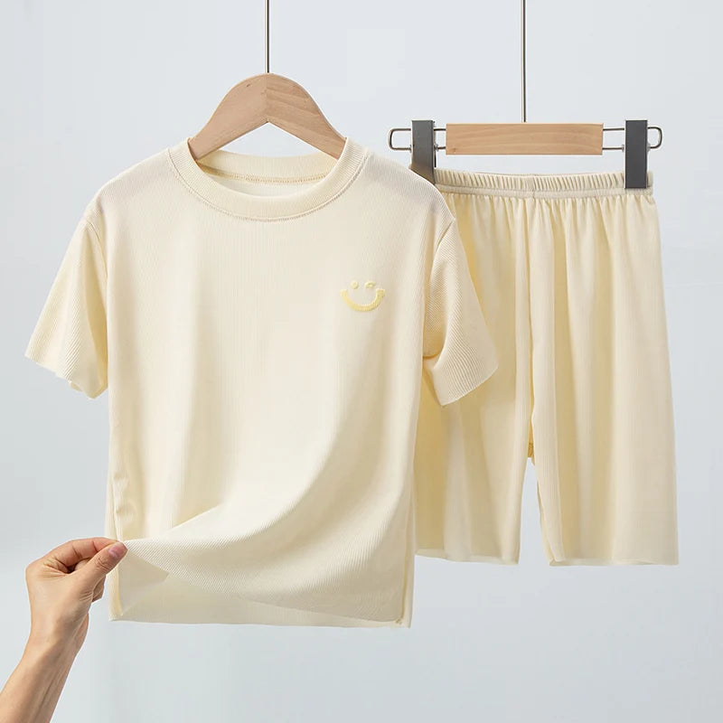 2/4 Pieces Children's Summer Thin Short-sleeved Shorts Ice Silk Suit Boys and Girls Casual Joker Home Clothes 2-piece Suit.